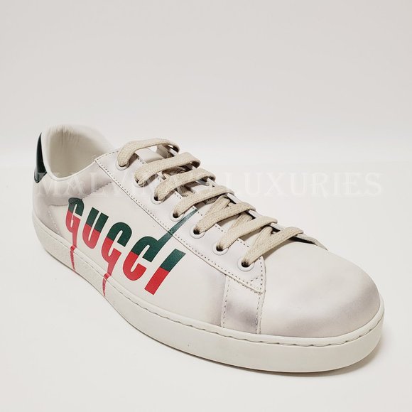 GUCCI SNEAKERS MENS ACE BOLT LOGO DISTRESSED WHITE LEATHER SHOES sz 11G 11.5 - Picture 9 of 13